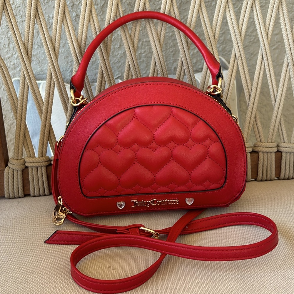 Juicy Couture Quilted Hearts Crossbody Solid Red Shoulder Bag Purse